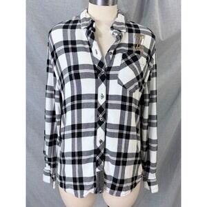 Harley-Davidson Plaid Flannel Button Down Shirt Gold Logo Black White L Soft